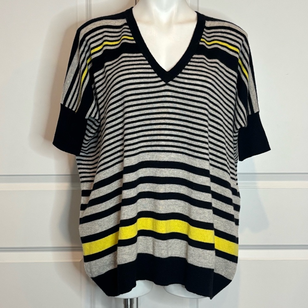 Autumn Cashmere Gray Black Yellow Stripe V-neck Short Sleeve Sweater S